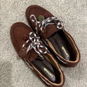 Larroude Brown Suede Boat Shoes with Patterned Laces